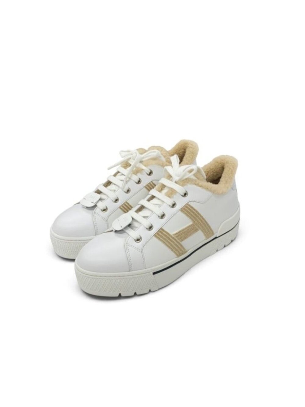 Hermes Der Sneakers Leather Shearling White Beige H Logo Fleece